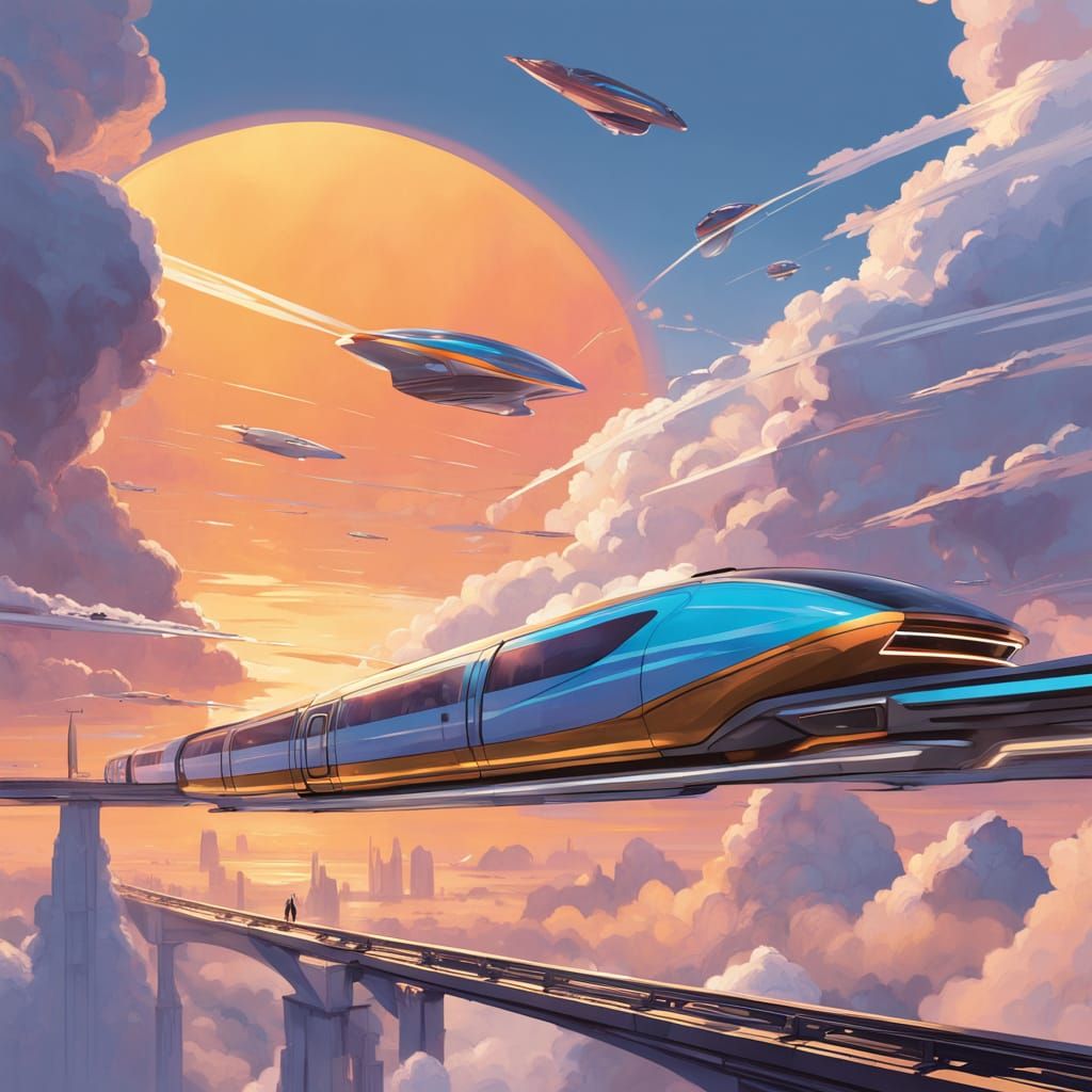 Sleek Futuristic Trains Soar Through Iridescent Cloudscape