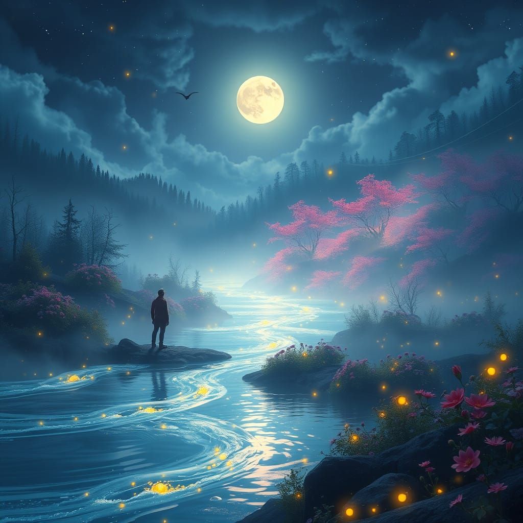 Lone Figure Amidst Vibrant Moonlit Landscape
