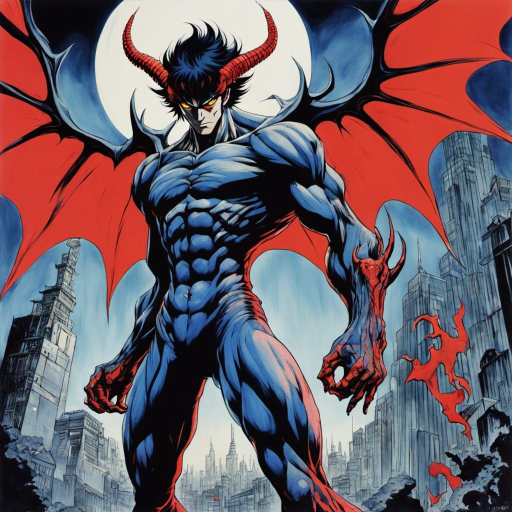 Cyberpunk Devilman in Neon Cityscape