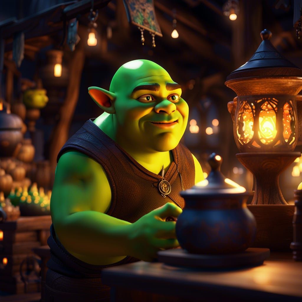 Shrek at Market Stall: 3D Anime Art