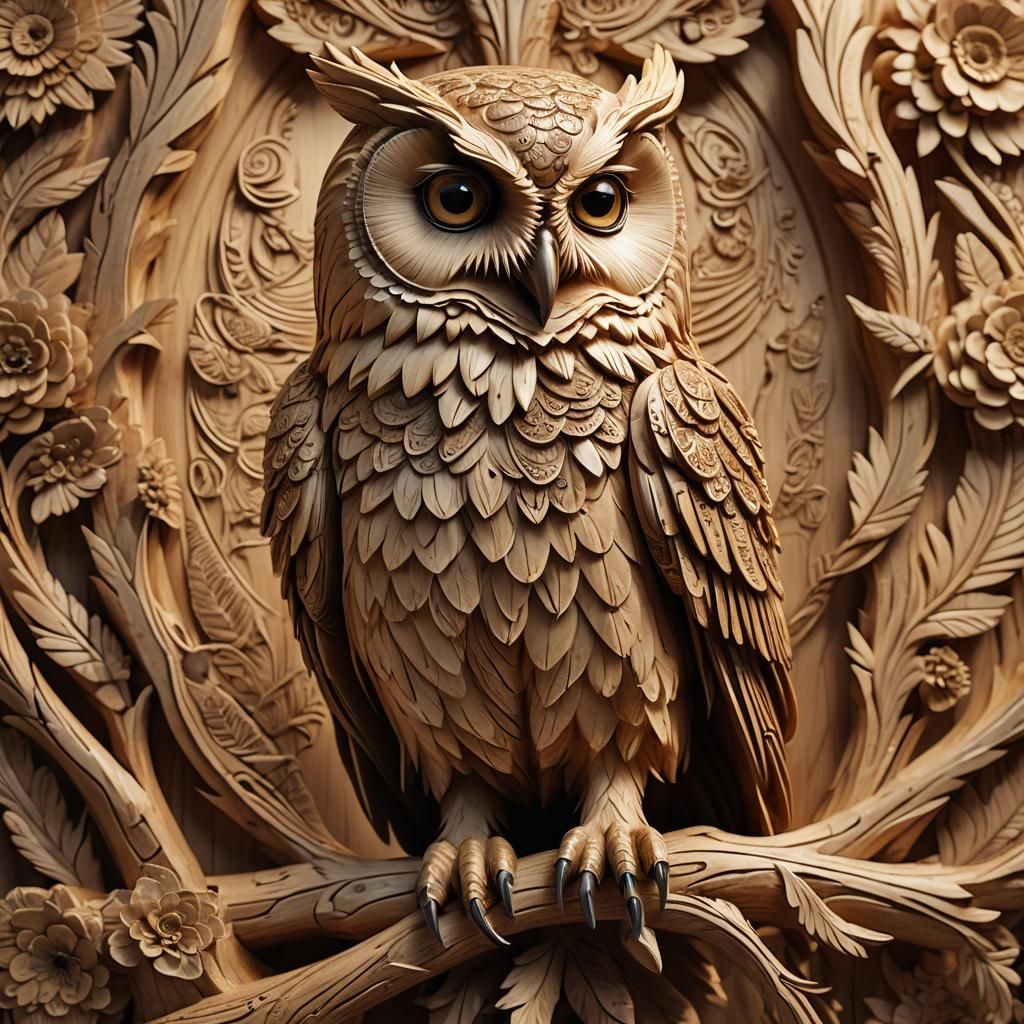Detailed Wood Carving of an Owl in 3D