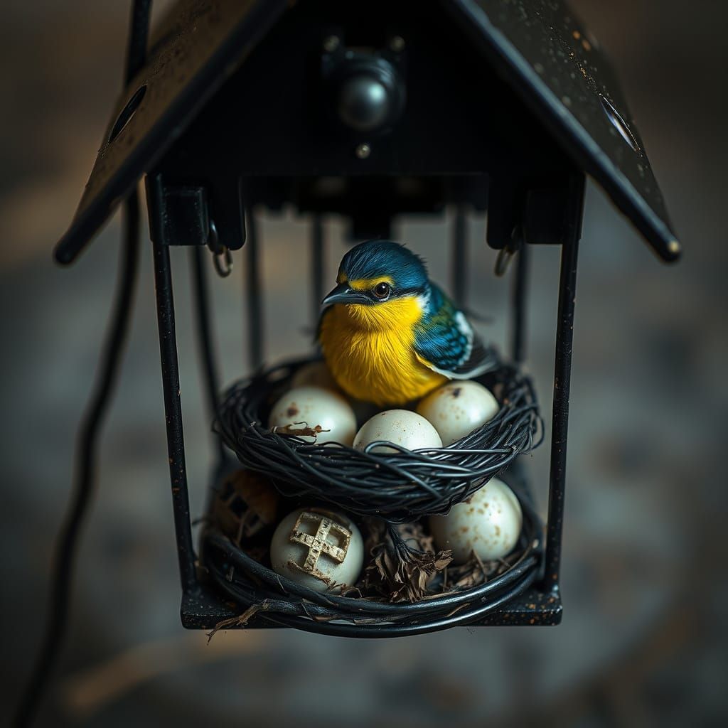 Mechanical Birdhouse Inside Incubating Swallow: Dystopian Fu...