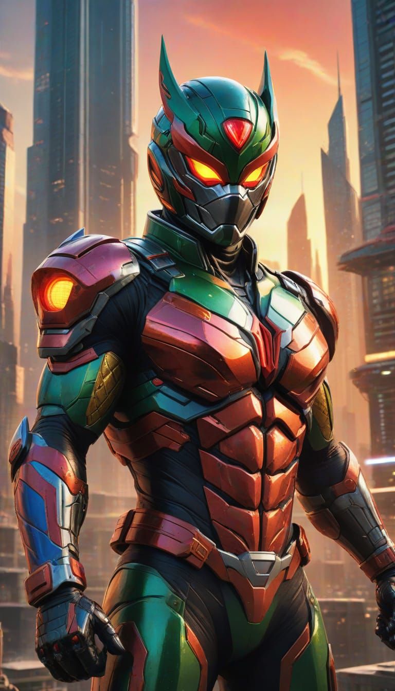 Epic Comic Book Hero Kamen Rider in Futuristic Sunset City