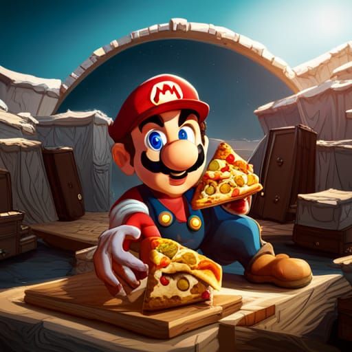 Super Mario Eating Pizza: Detailed Fantasy Art