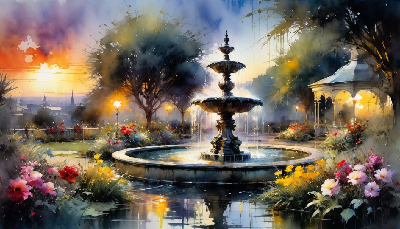 Watercolor Garden Scene with Dramatic Sunset and Textures