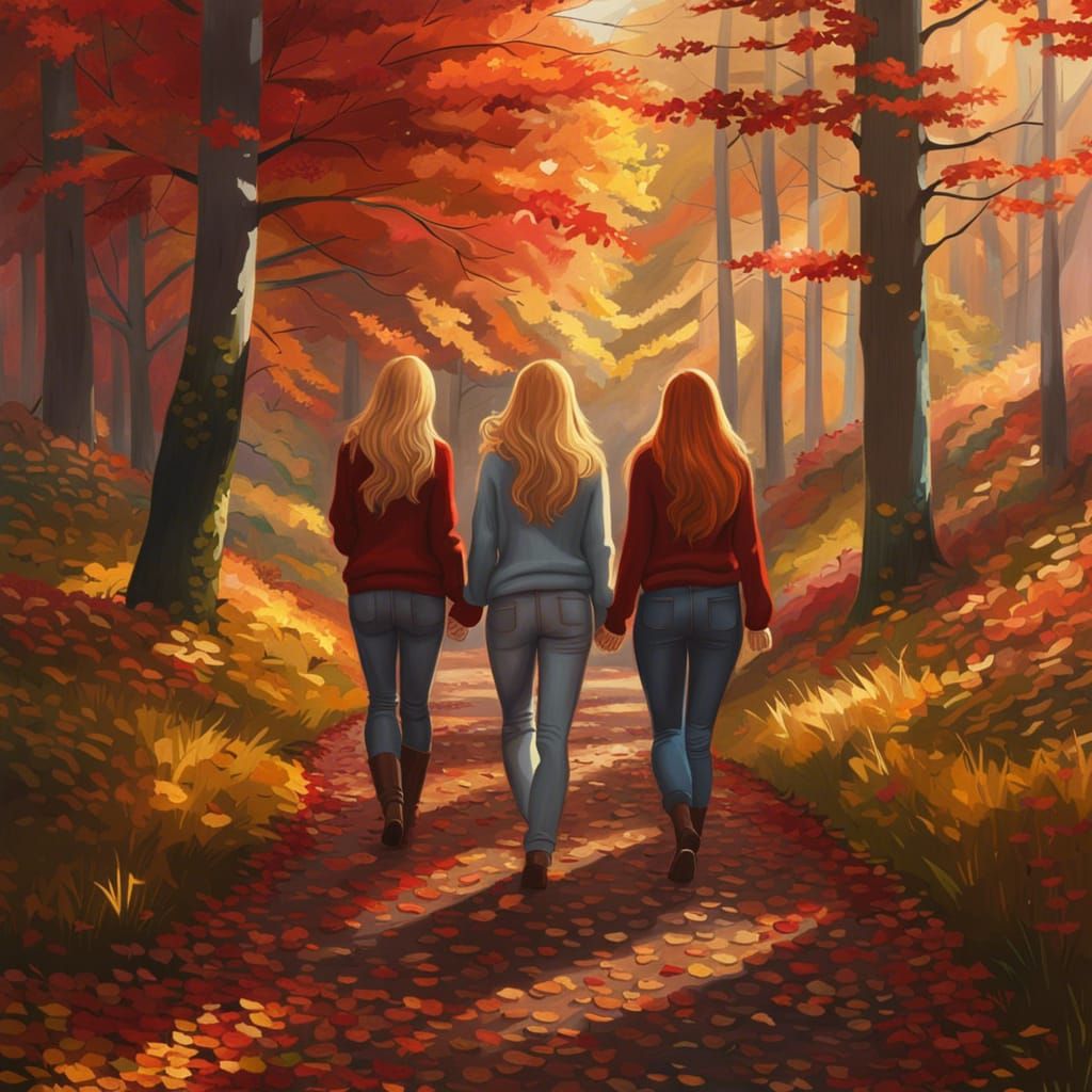 Autumn Walk: Three Women in Oil Painting Style