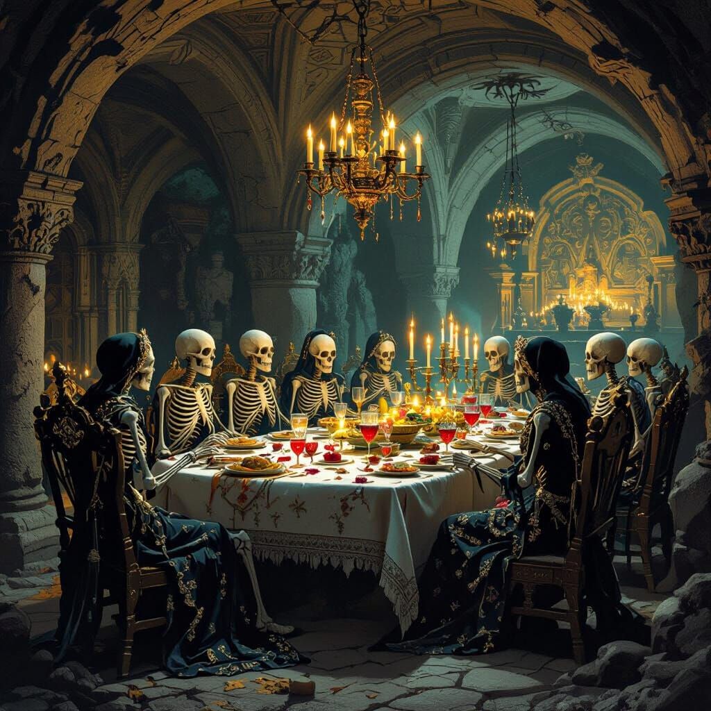 Skeleton Feast in Opulent Burial Crypt