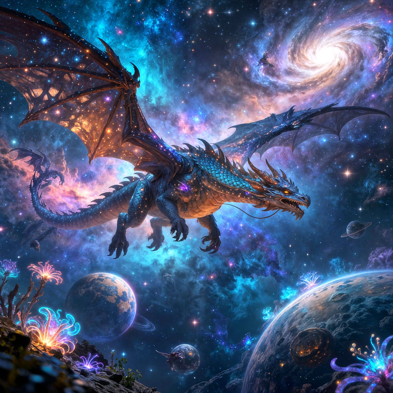 Majestic Stardust Dragon Soars Through Cosmic Nebula
