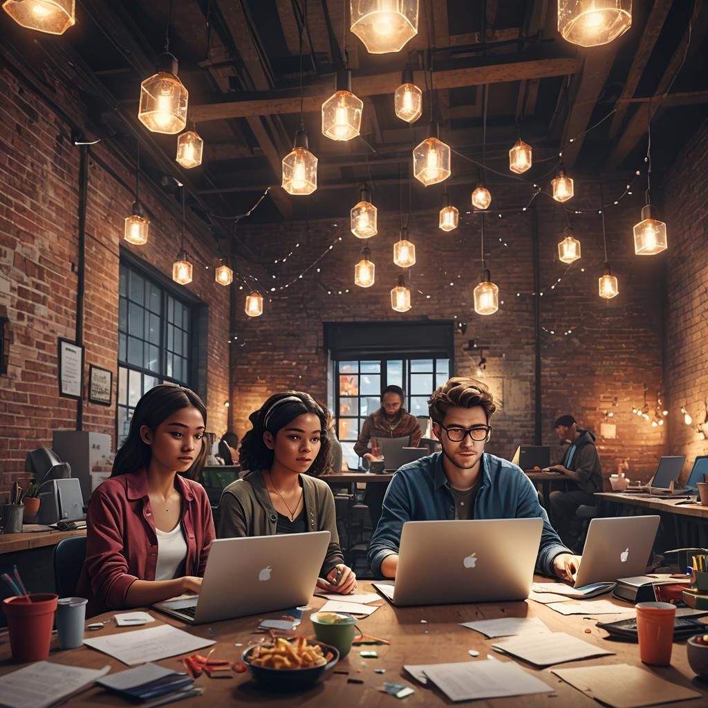Coders in Dimly Lit Coworking Space Concept Art