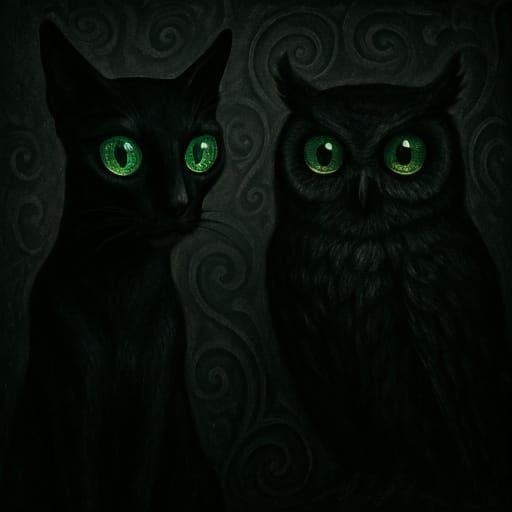 Eerie Surrealism: Black Cat and Owl with Glowing Eyes