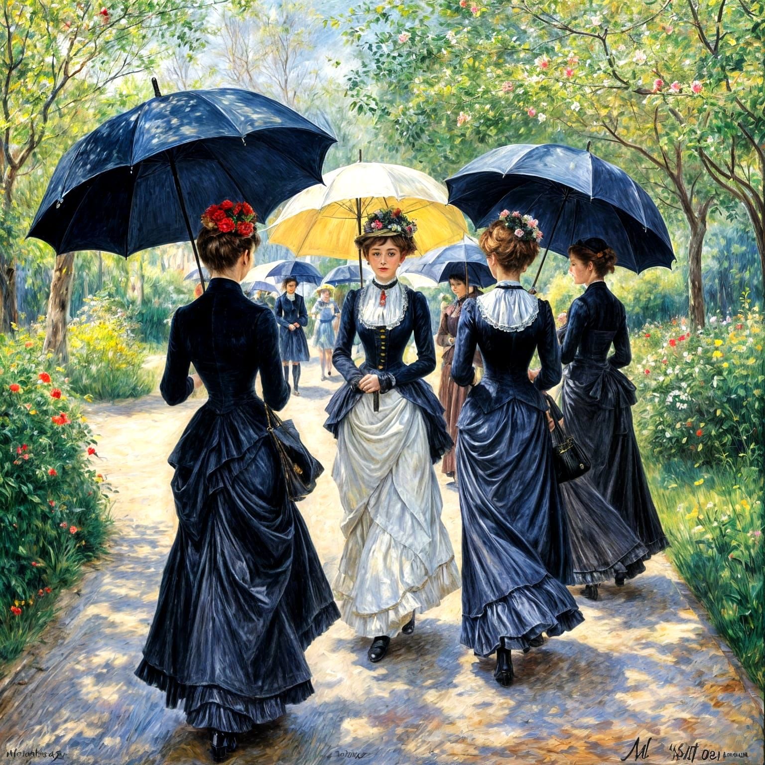 Victorian Women Stroll Under Black Umbrellas in French Garde...