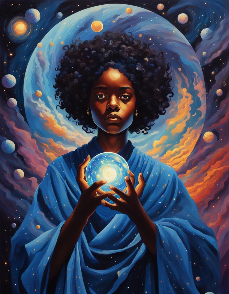 Young Girl in Cosmos: Gothic Pop Art Oil Painting