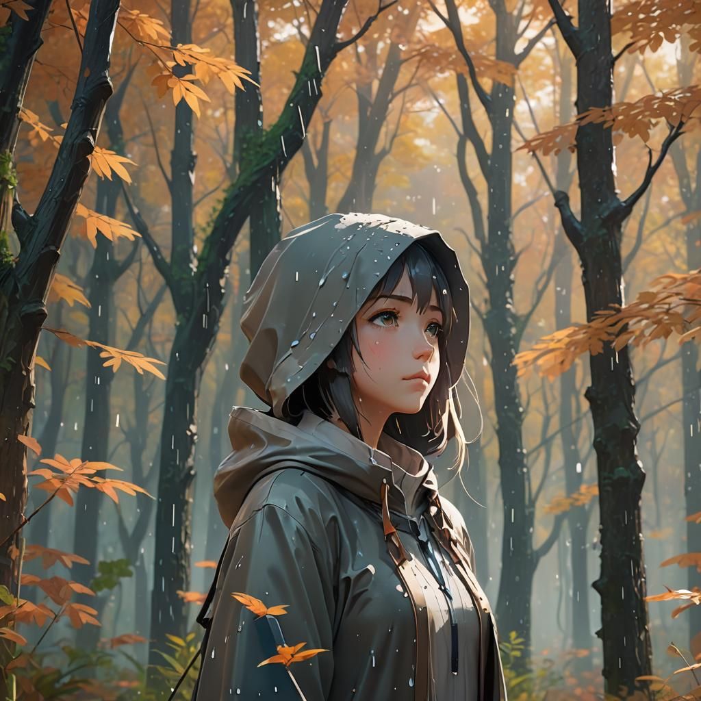 Anime Girl in Autumn Rain: 3D Art