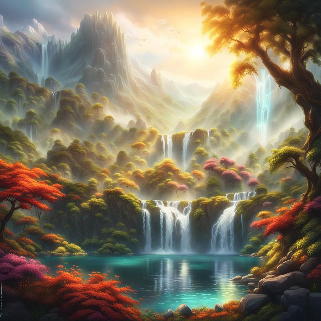 Majestic Landscape Painting with Vibrant Flora and Fauna