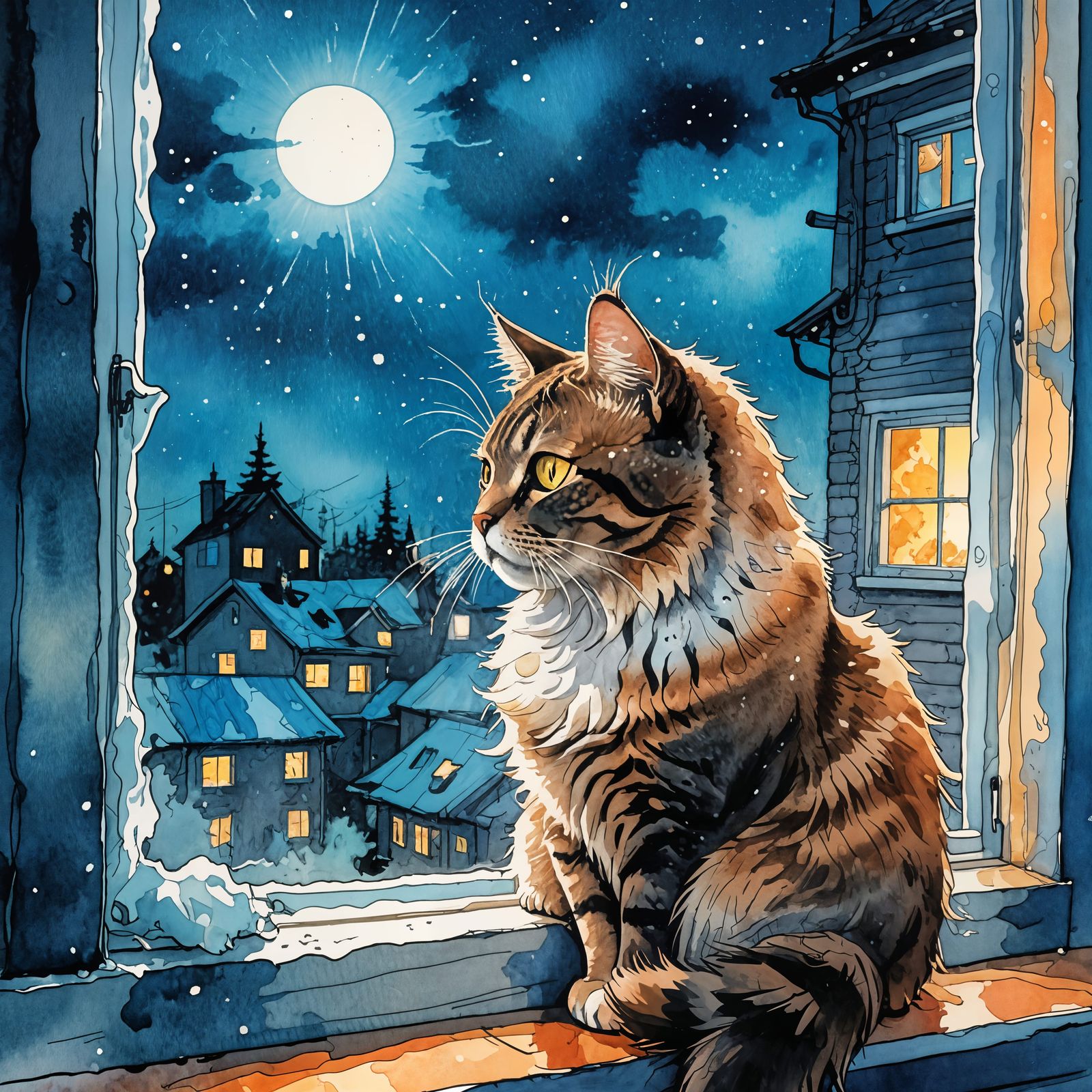 Fluffy Cat Keeping Watch in Comic Style