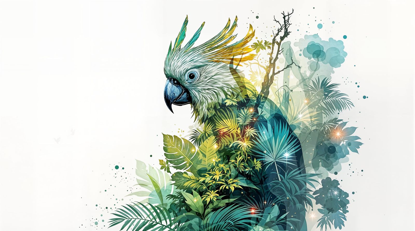 Vibrant Double Exposure Art of a Cockatoo in Rainforest Wond...