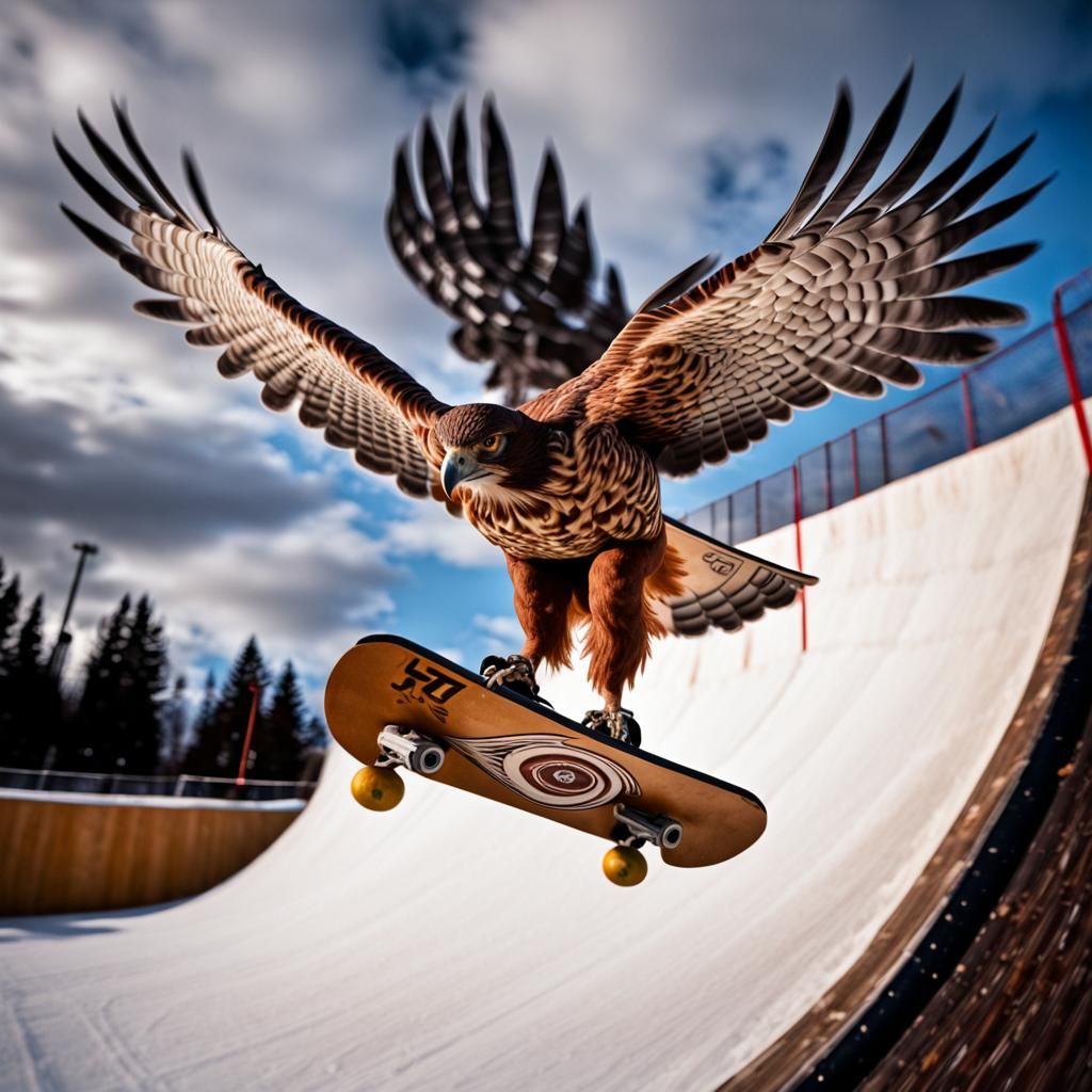 Anthro Hawk Shreds Halfpipe in Hyperrealistic Detail