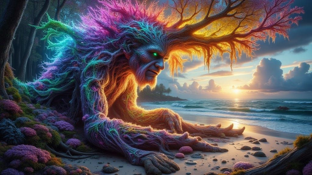 Binary Man on Tropical Beach in Dreamscape Art