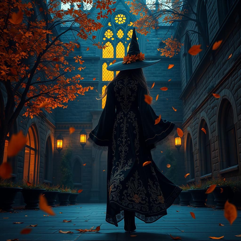 Dark Academia Witch in Autumnal Gothic Courtyard