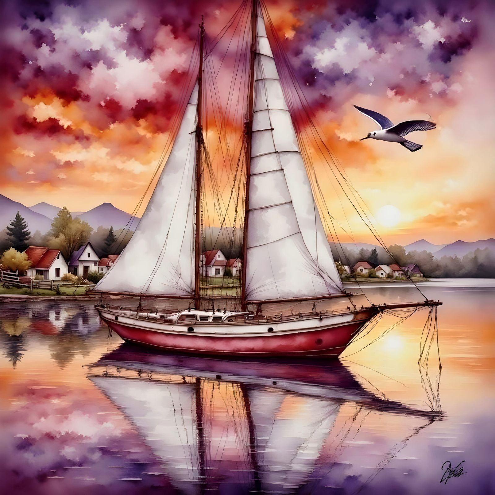 Romantic Sunset Village Scene in Vibrant Watercolor