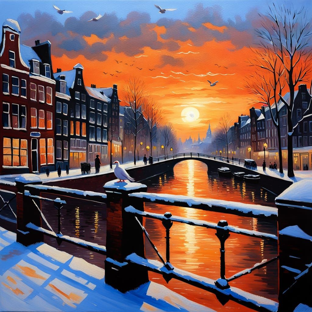 Impressionist Amsterdam Bridge Scene with Dove