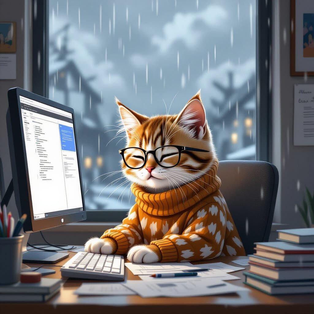 Sleepy Kitten Working at Desk on Rainy Day