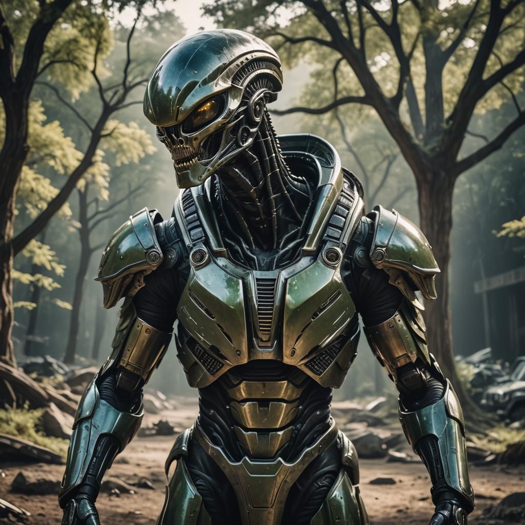 Futuristic Alien Warrior in Armor: Cinematic Film Still