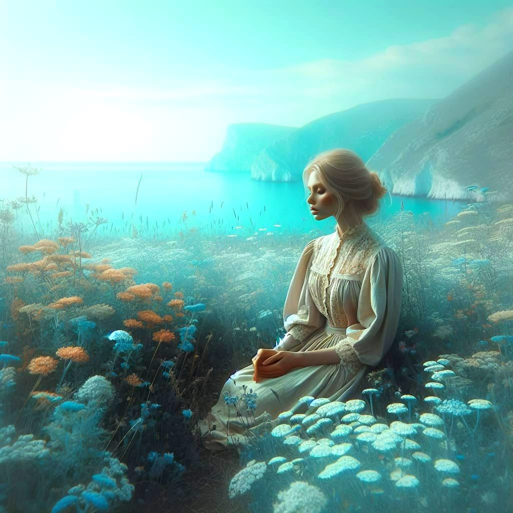 Serene Blonde Woman in Pastel Wildflower Meadow