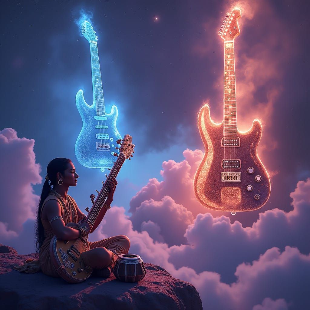 Vibrant Cosmic Raga Fusion in Heavy Metal Style