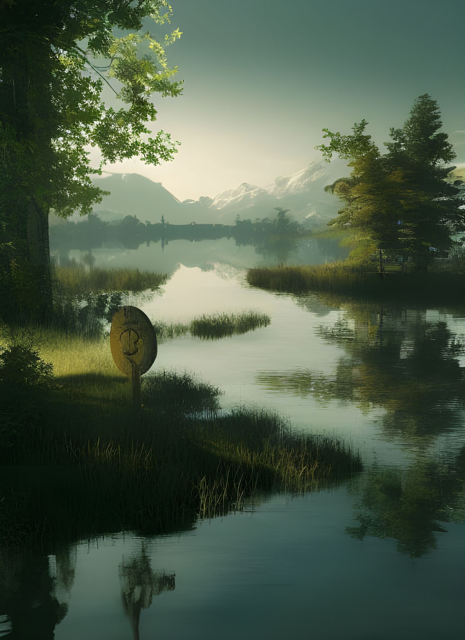 Serene Surrealism: Still Lake Reflecting Mountain Landscape