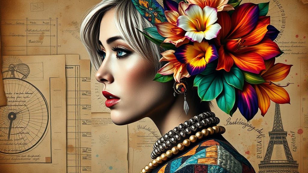 Mixed-Media Woman Portrait: B&W Meets Vibrant Flowers