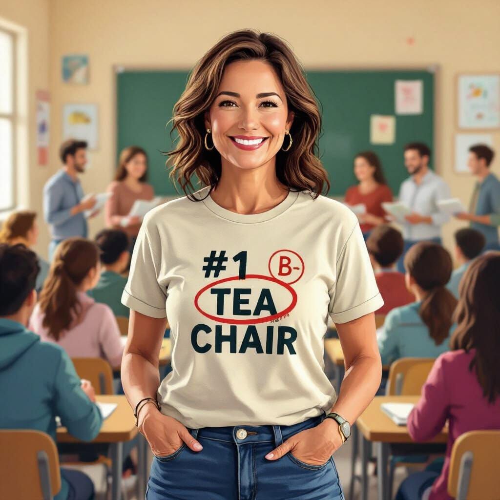 Middle-Aged Woman in Classroom, Colorful Illustration Style