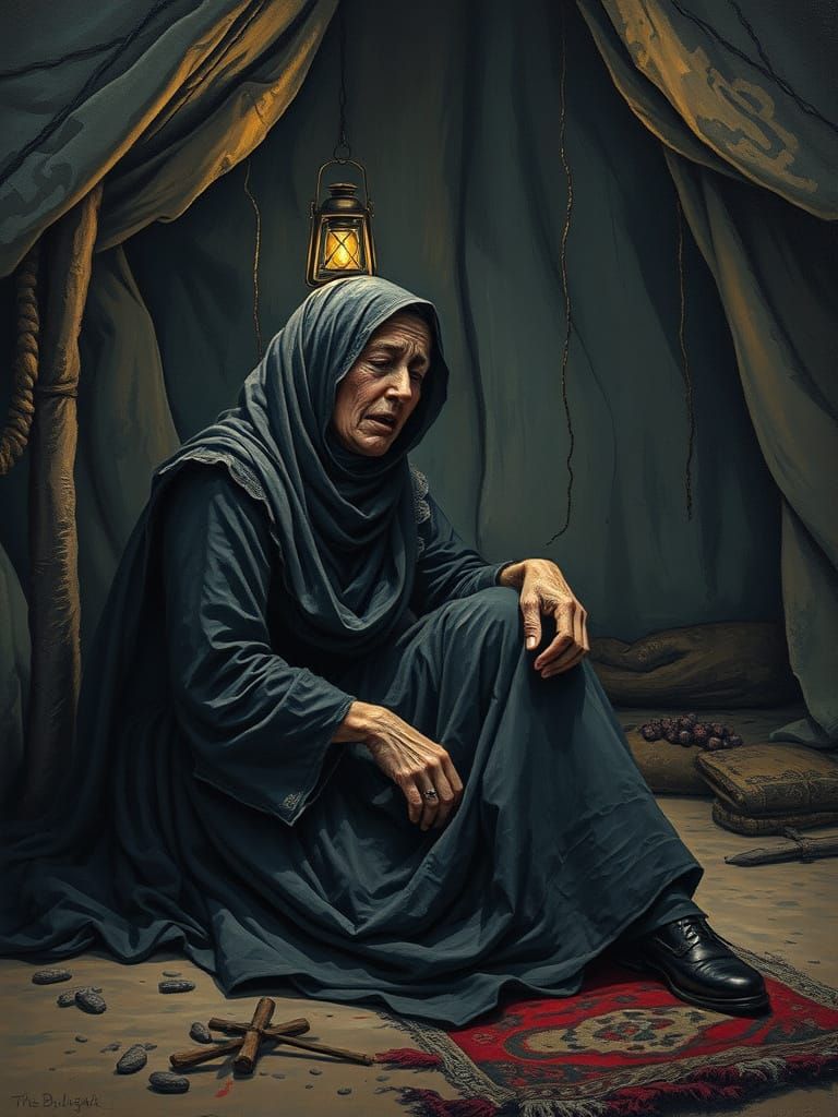 Desperate Old Woman in Tent, Oil-Guache Melting Style