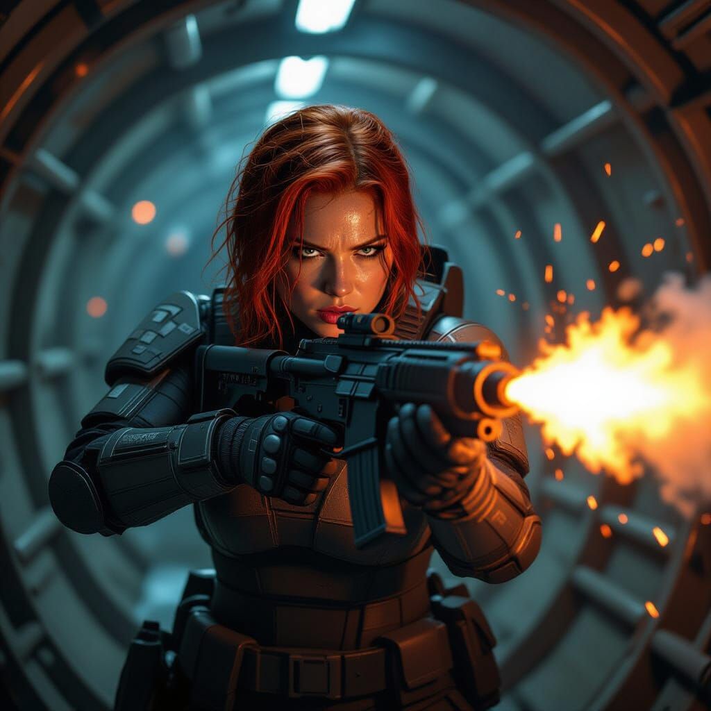 Determined Woman Wields Flamethrower in Gritty Airlock