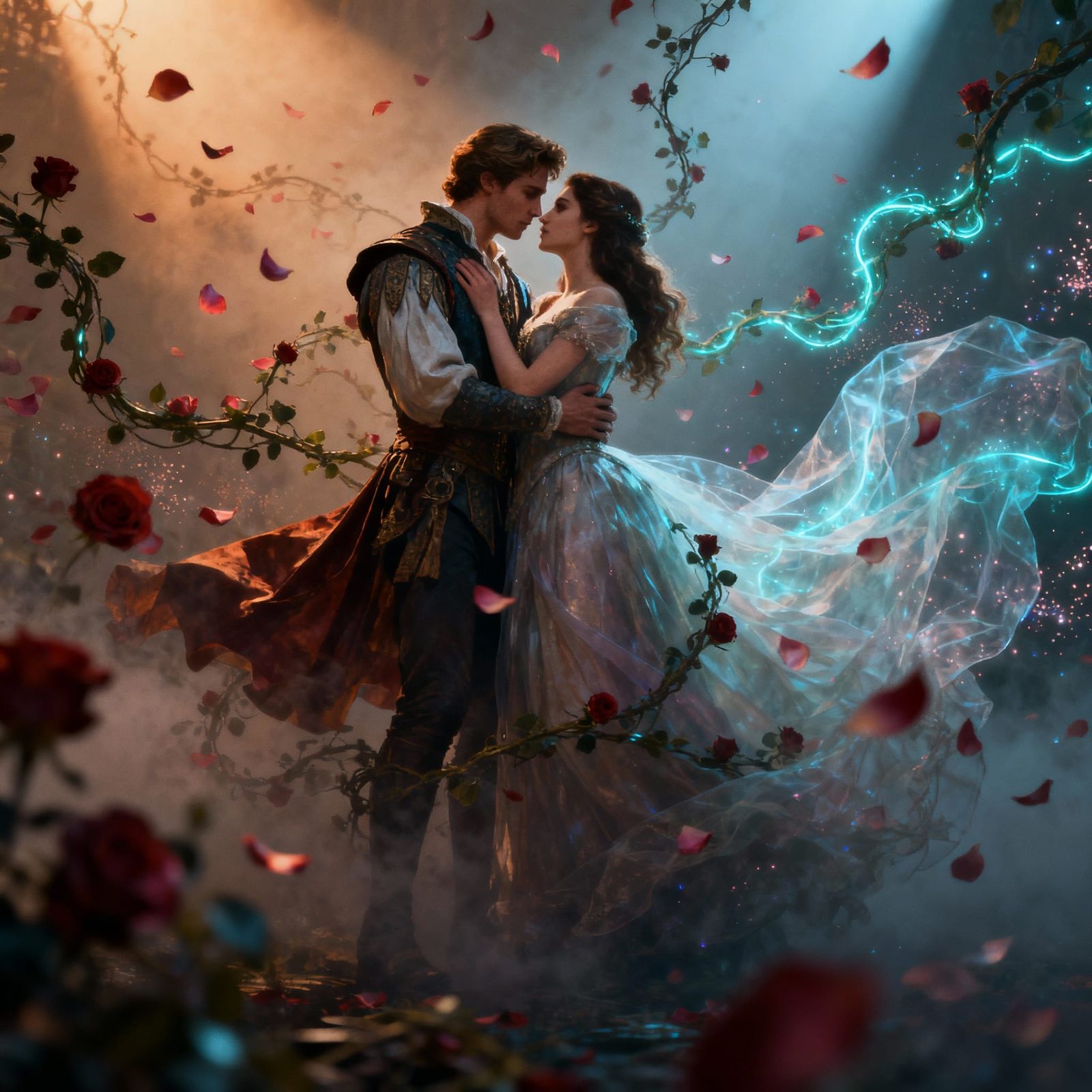 Romeo and Juliet Embrace in Surreal Rose Petal Atmosphere