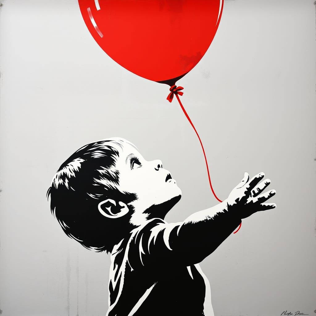 Gritty Stencil Portrait of a Curious Child with a Red Balloo...