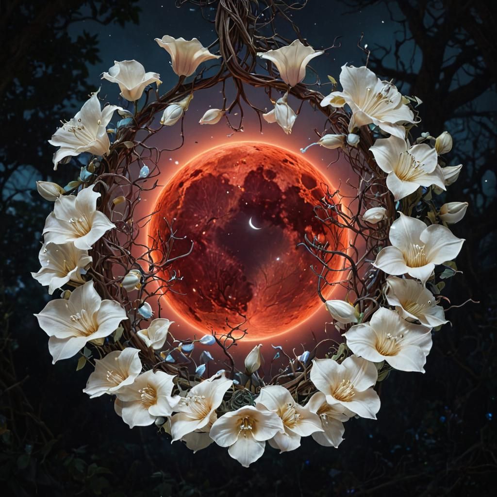 Blood Moon Over Bioluminescent Forest: Digital Matte Paintin...