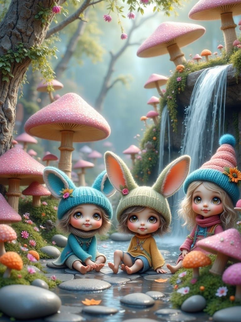 Plushies in a Whimsical Mushroom Garden
