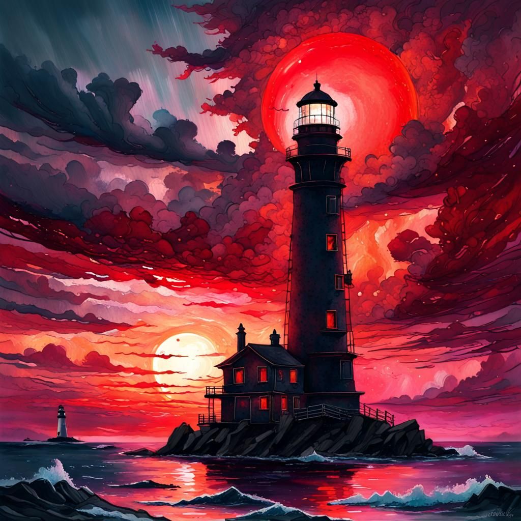 Red Sunset Lighthouse in Cyberpunk Watercolor Style