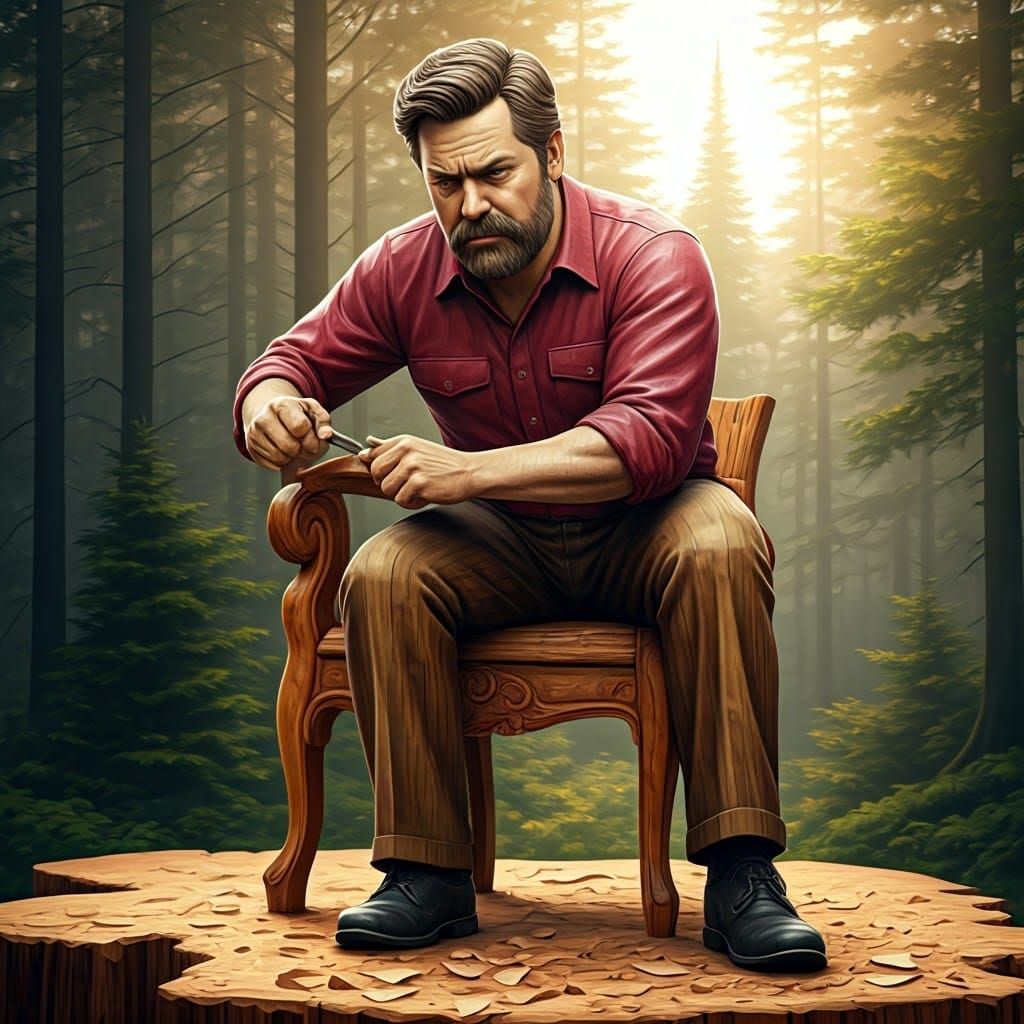 Ron Swanson Carving a Chair in National Forest