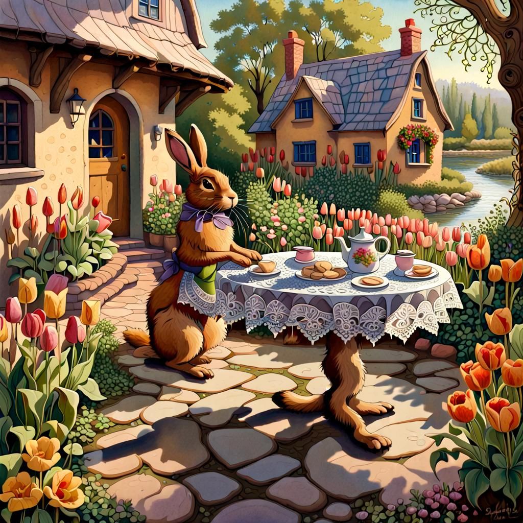 Hare's Summer Morning Treat: Gouache and Watercolor