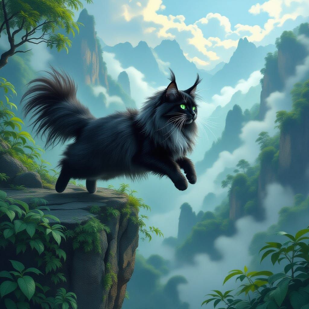 Maine Coon Cat Leaping in Rainforest, Digital Art