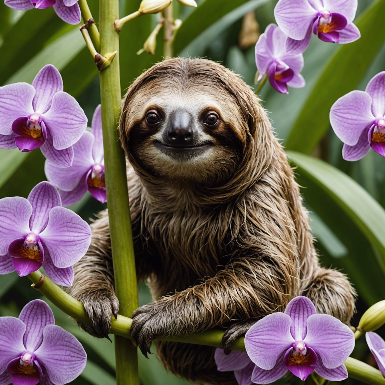 Sloth Lounging on a Colorful Orchid