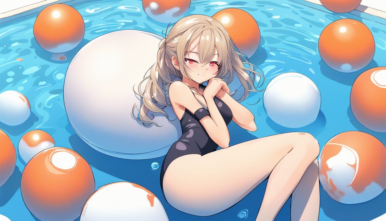 Girl on Yoga Ball in Swimming Pool, Anime Style