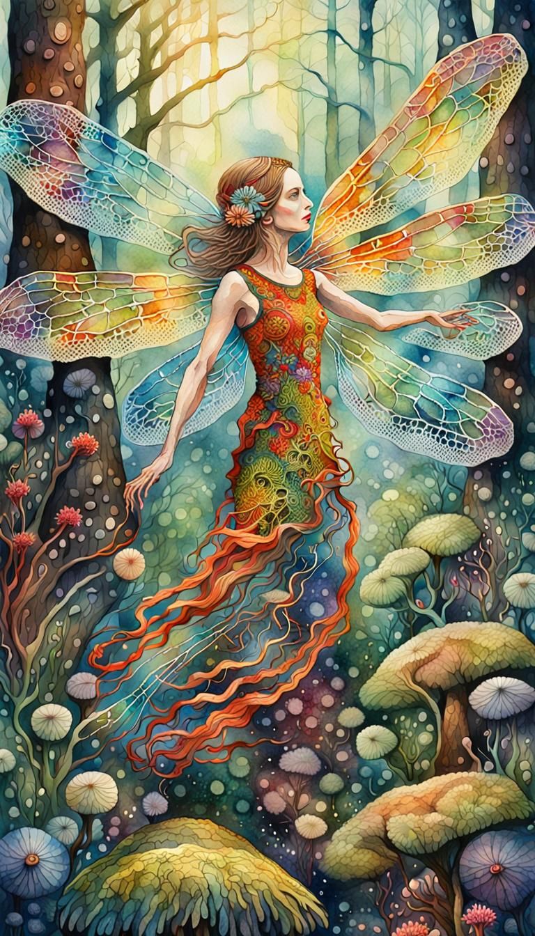 Dragonfly-Human Hybrid Dancing in Forest, Watercolor Paintin...