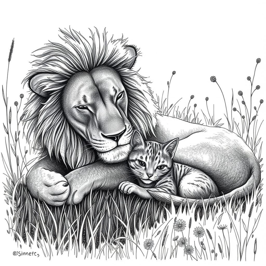 Lion and Kitten Napping: Stippling Ink Drawing