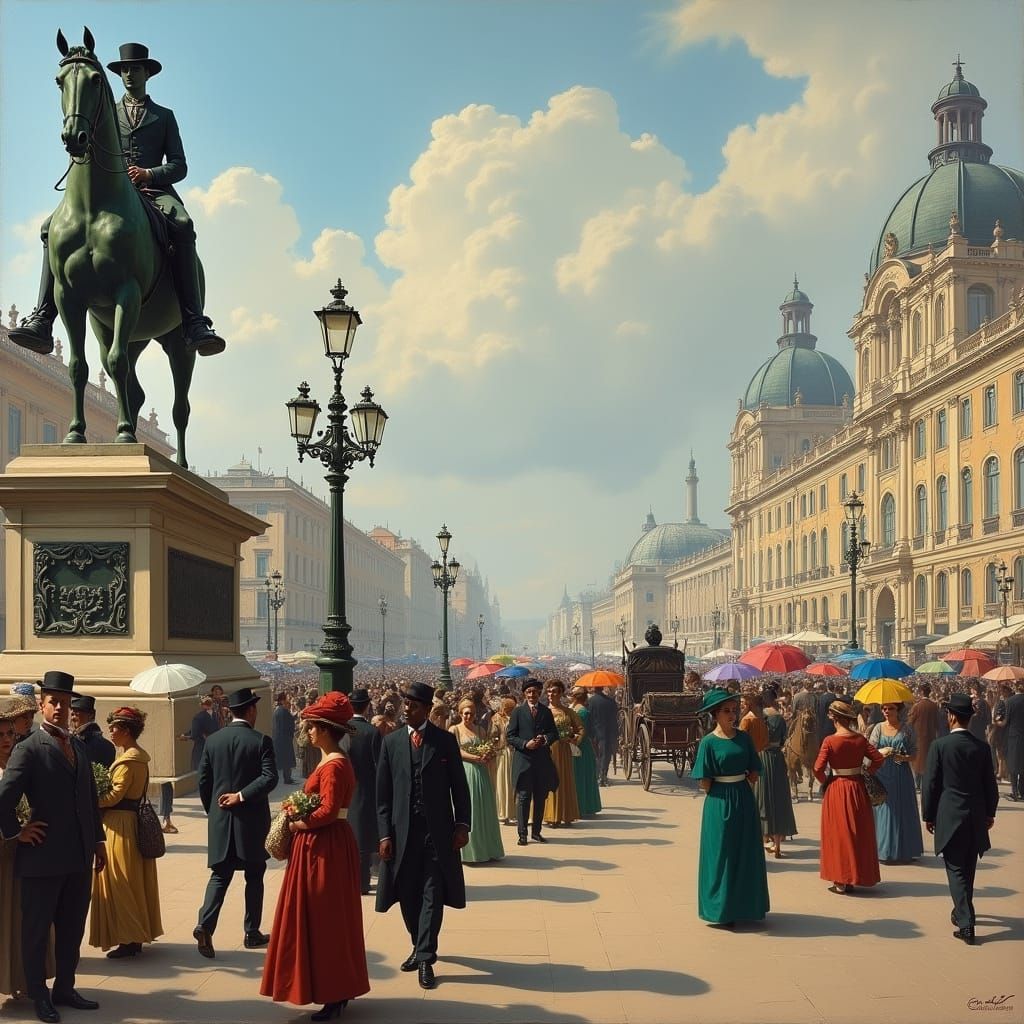 Historical European City Street Scene in Oil Painting