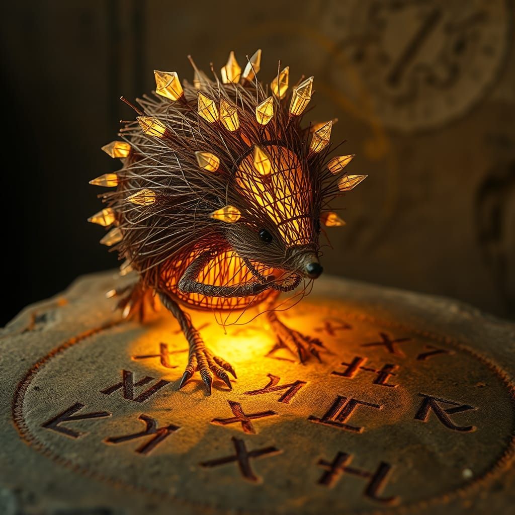 String Hedgehog Gazing at Runes in Avant-Garde Style