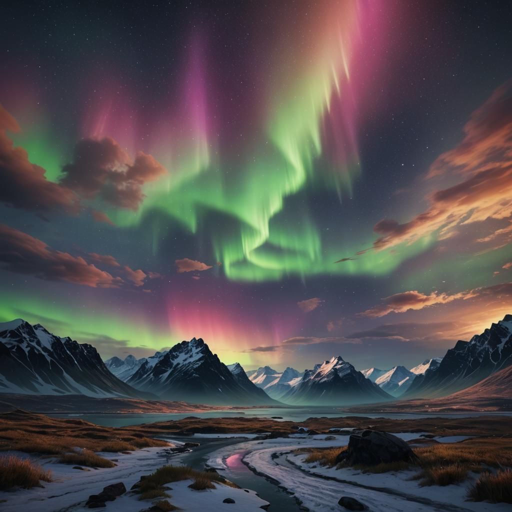 Northern Lights in Dark Sky: Detailed Matte Painting