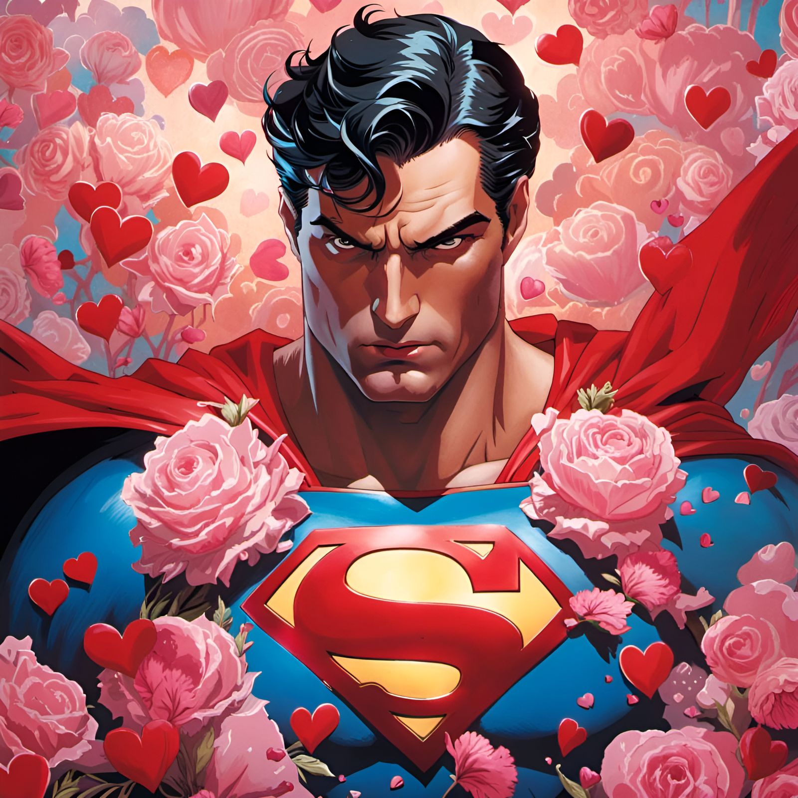 Superman Surrounded by Hearts in Rococo Style